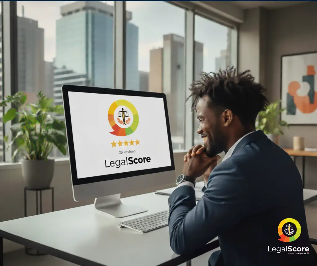South African lawyer smiling while reviewing verified LegalScore client feedback on laptop, representing trust and credibility