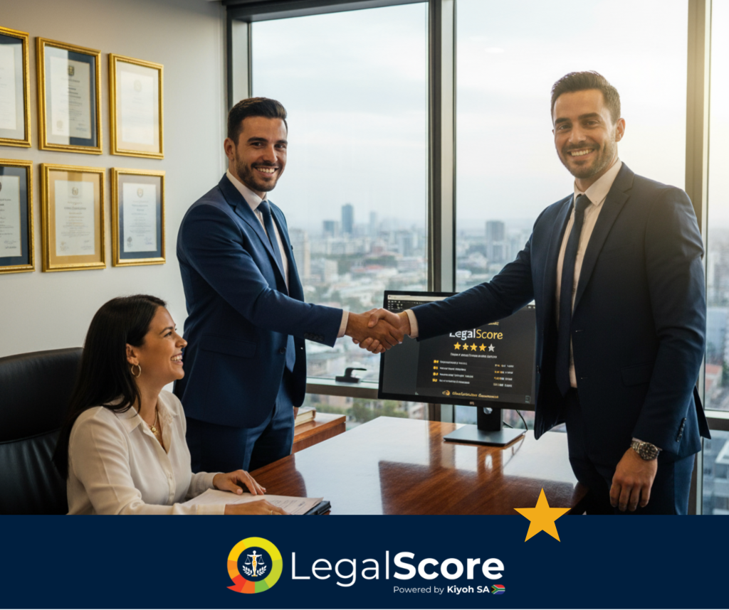 Two lawyers shaking hands with a happy client in a modern South African law firm office with an ethical LegalScore review dashboard on screen.