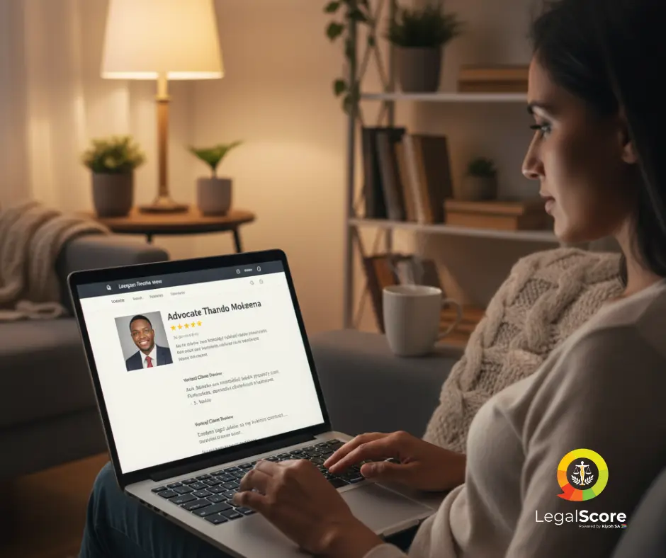 Client viewing verified lawyer reviews on a laptop at home