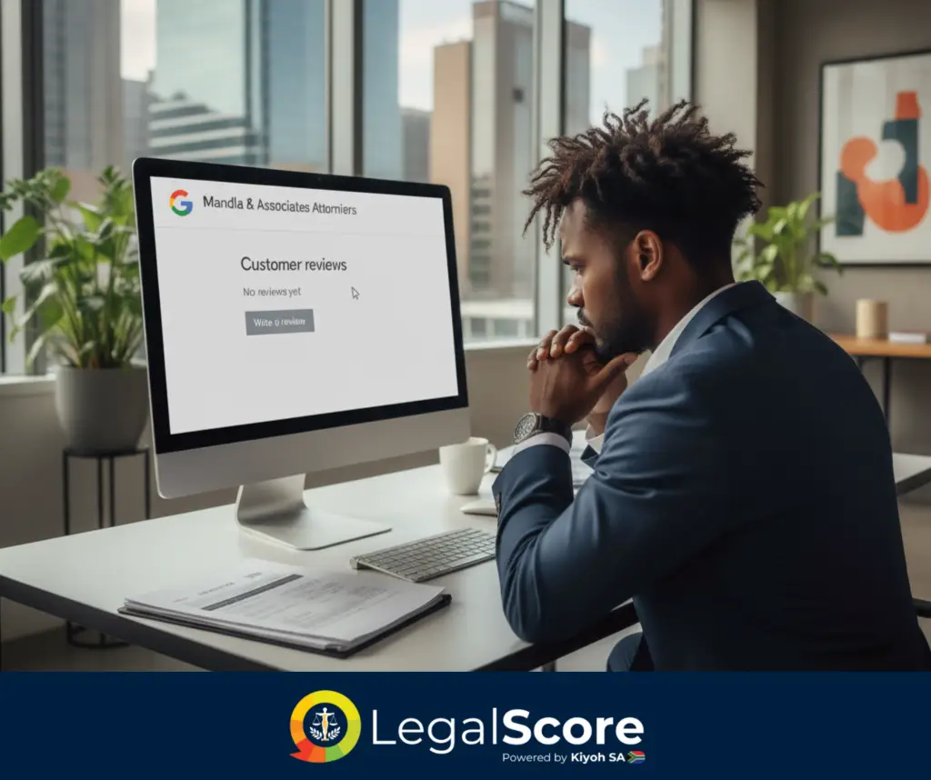 South African lawyer looking at empty Google review page on computer, showing concern about reputation