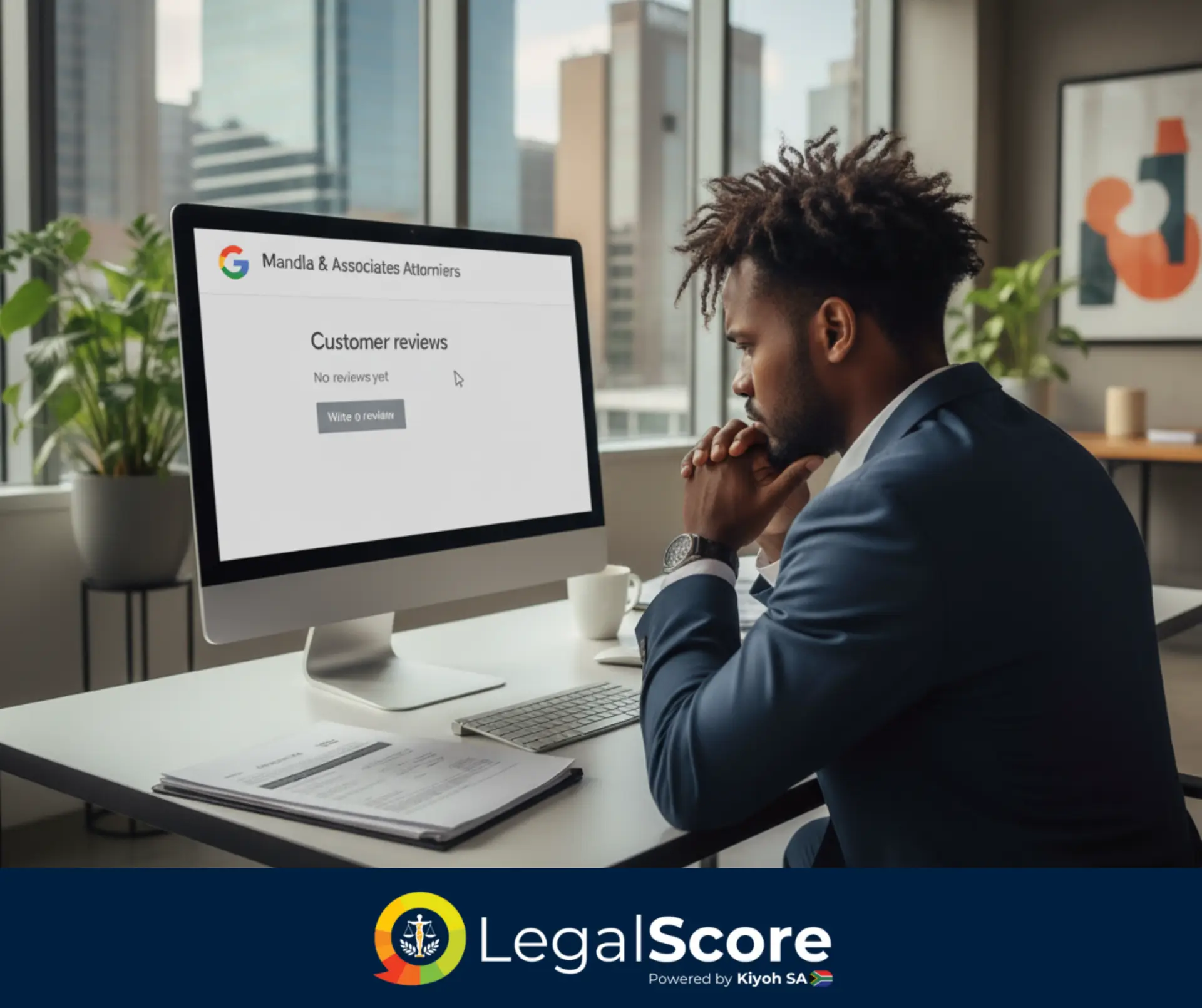 South African lawyer looking at empty Google review page on computer, showing concern about reputation