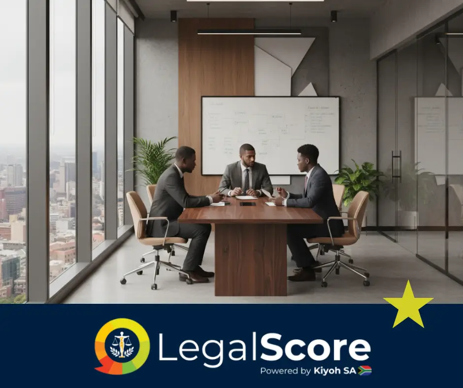 Lawyers meeting in a modern South African law firm office with natural light