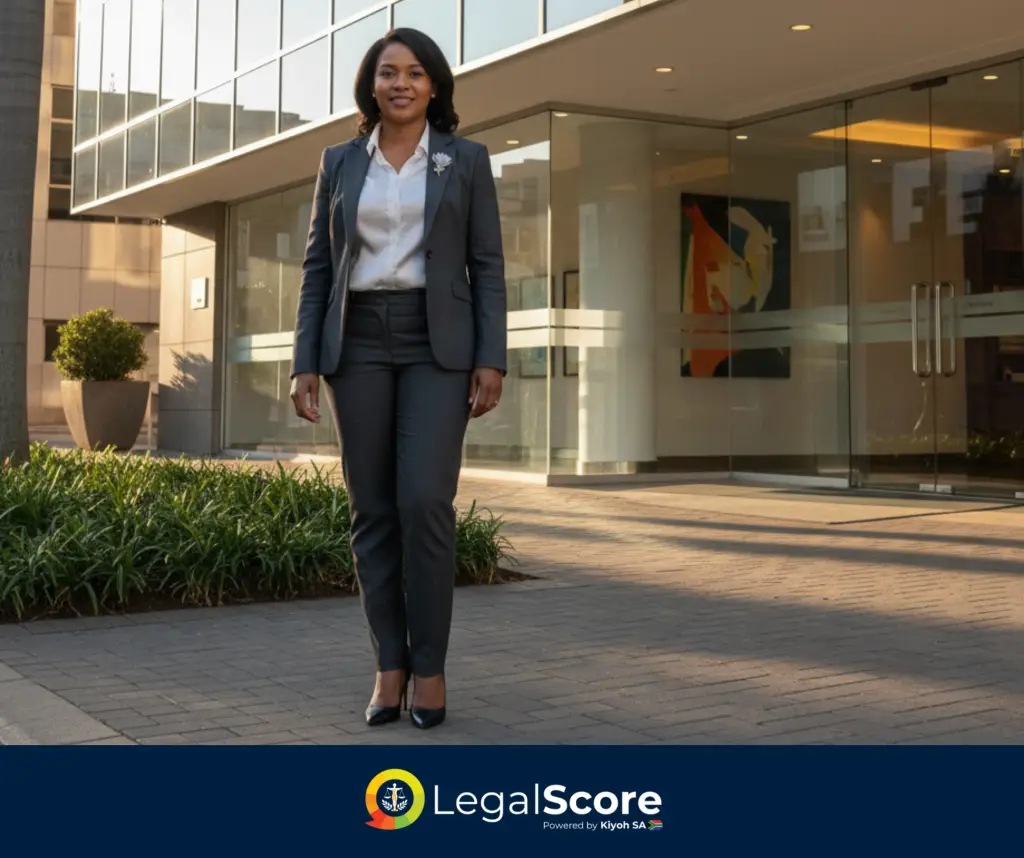 Confident South African lawyer standing outside a modern law firm building symbolizing trust and credibility