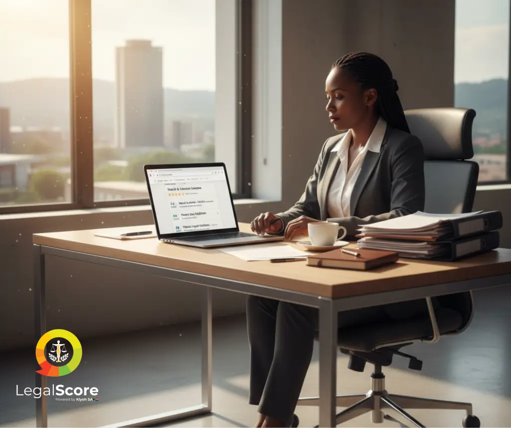 A young woman, dressed in a grey pantsuit, sits at a light wooden desk in a modern office. She is focused on a laptop screen, with a cup of coffee and a stack of folders beside it. Large windows behind her reveal a city skyline bathed in the warm light of a setting or rising sun.