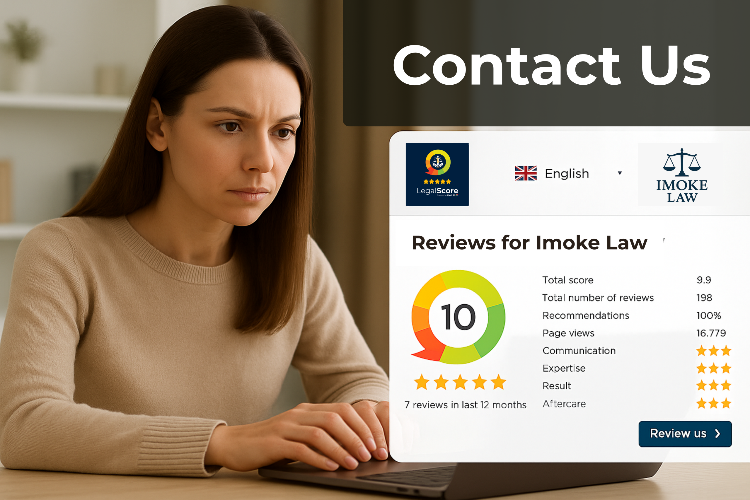 A woman working on a laptop with an overlaid review panel for Imoke Law showing a high LegalScore rating and detailed review metrics.