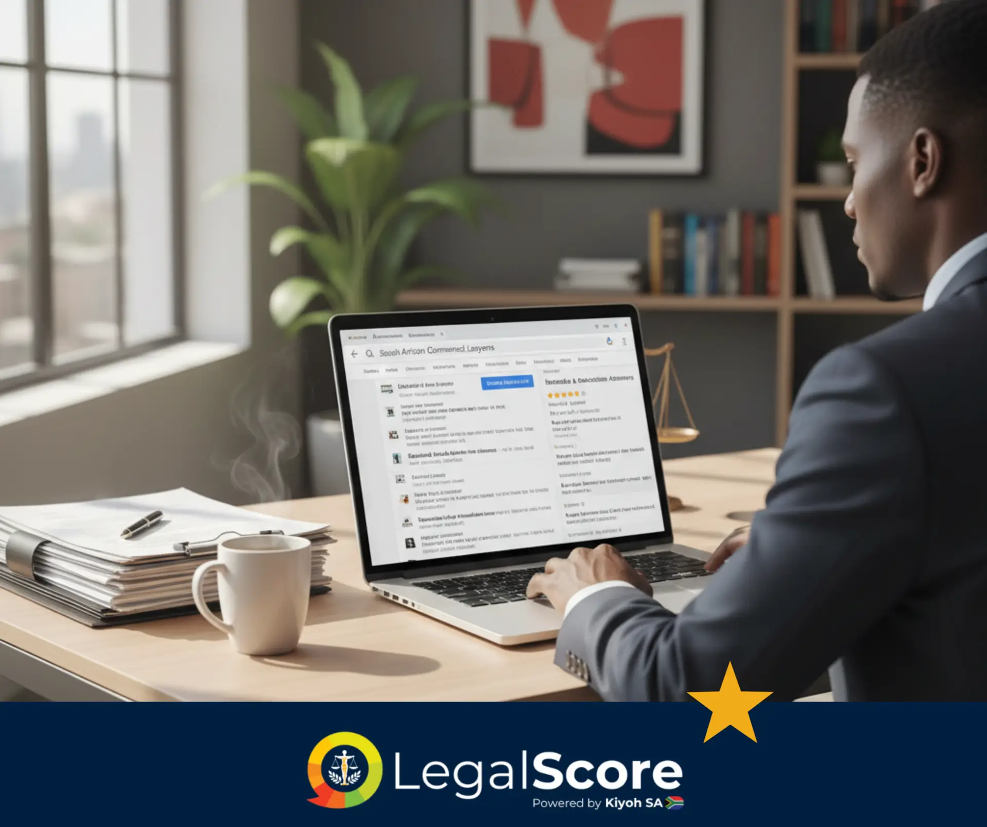 A professional South African lawyer, wearing a suit, sits at a modern, sunlit office desk and works on a laptop. The screen clearly displays a Google search results page for "South African Commercial Lawyers" with multiple client reviews visible. Papers, a pen, and a steaming mug of coffee are on the wooden desk, creating a realistic, trustworthy, and professional atmosphere.