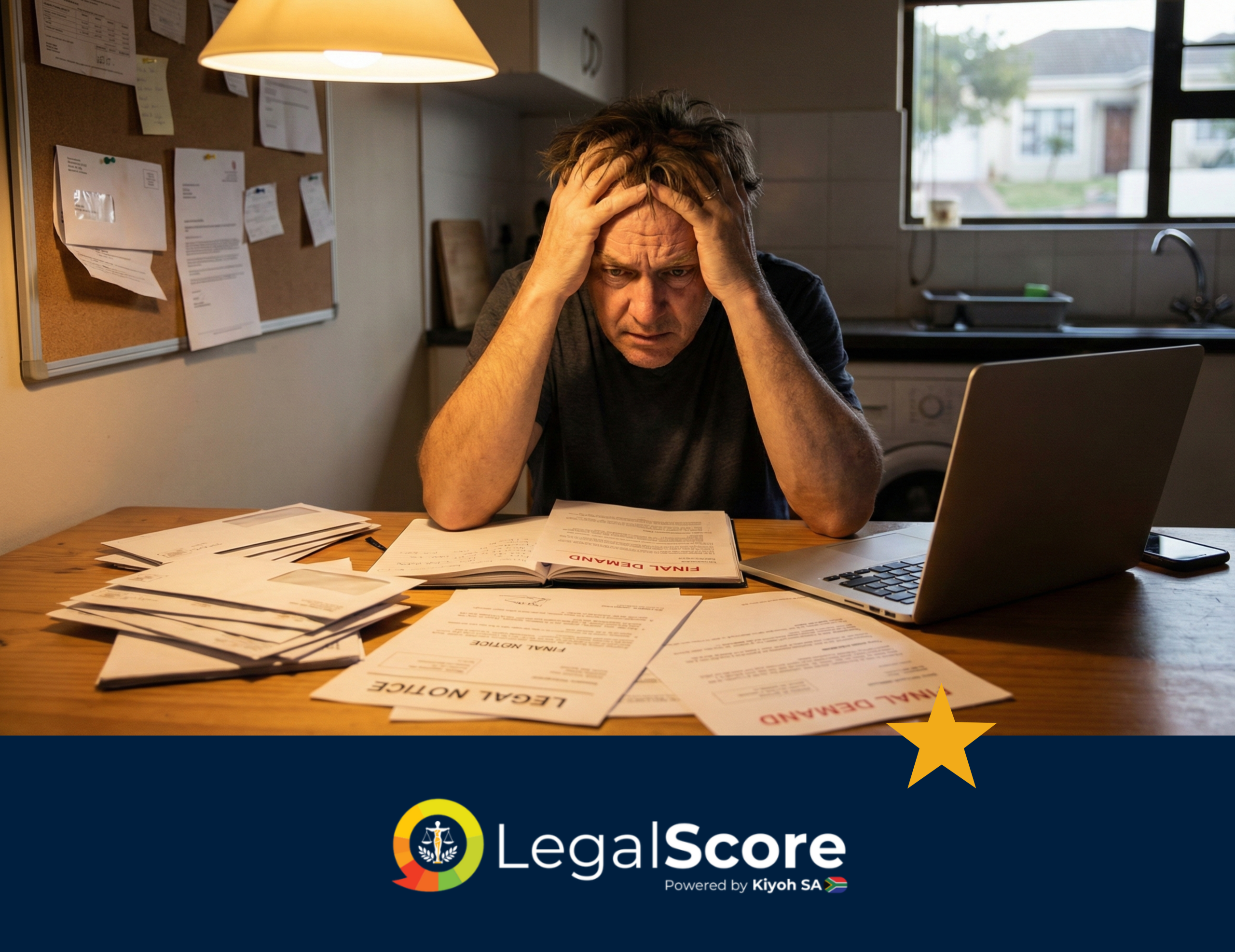 A middle-aged man sits at a wooden kitchen table with his hands grasping his head in a gesture of stress and worry. He is surrounded by piles of documents, including papers clearly marked "LEGAL NOTICE" and "FINAL DEMAND." An open laptop and a smartphone sit beside the paperwork under a warm overhead light.