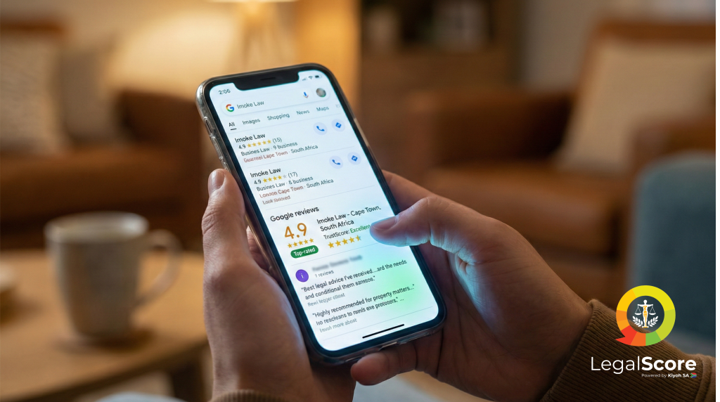 A close-up photograph of a person's hands holding a smartphone, scrolling through Google search results and reviews for "Imoke Law - Cape Town, South Africa" in a warmly lit living room.