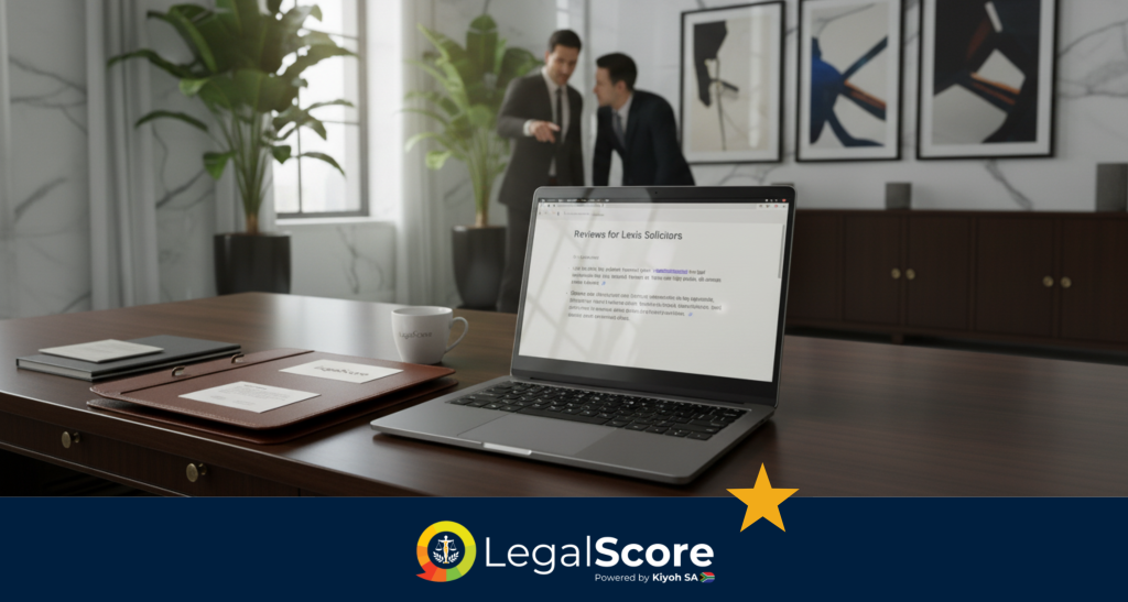 A close-up of a laptop screen displaying "Reviews for Lexis Law and Associates," featuring an AI overview of client reviews with themes like "Diligence and hard work," "Client care," and "Expertise." The laptop rests on a polished dark wood desk with a LegalScore branded mug and folders, in a luxurious, contemporary law firm office. Two blurred lawyers discuss in the background.