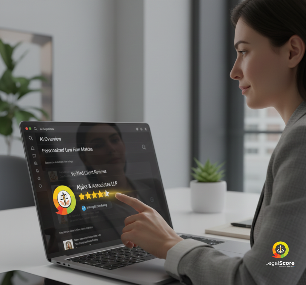 A woman looking at a laptop screen displaying an AI-powered legal search assistant interface. The screen shows "Verified Client Reviews powered by LegalScore" with several law firm listings, each featuring a star rating and a "LegalScore" icon. The woman's hand is hovering over a listing with high ratings.