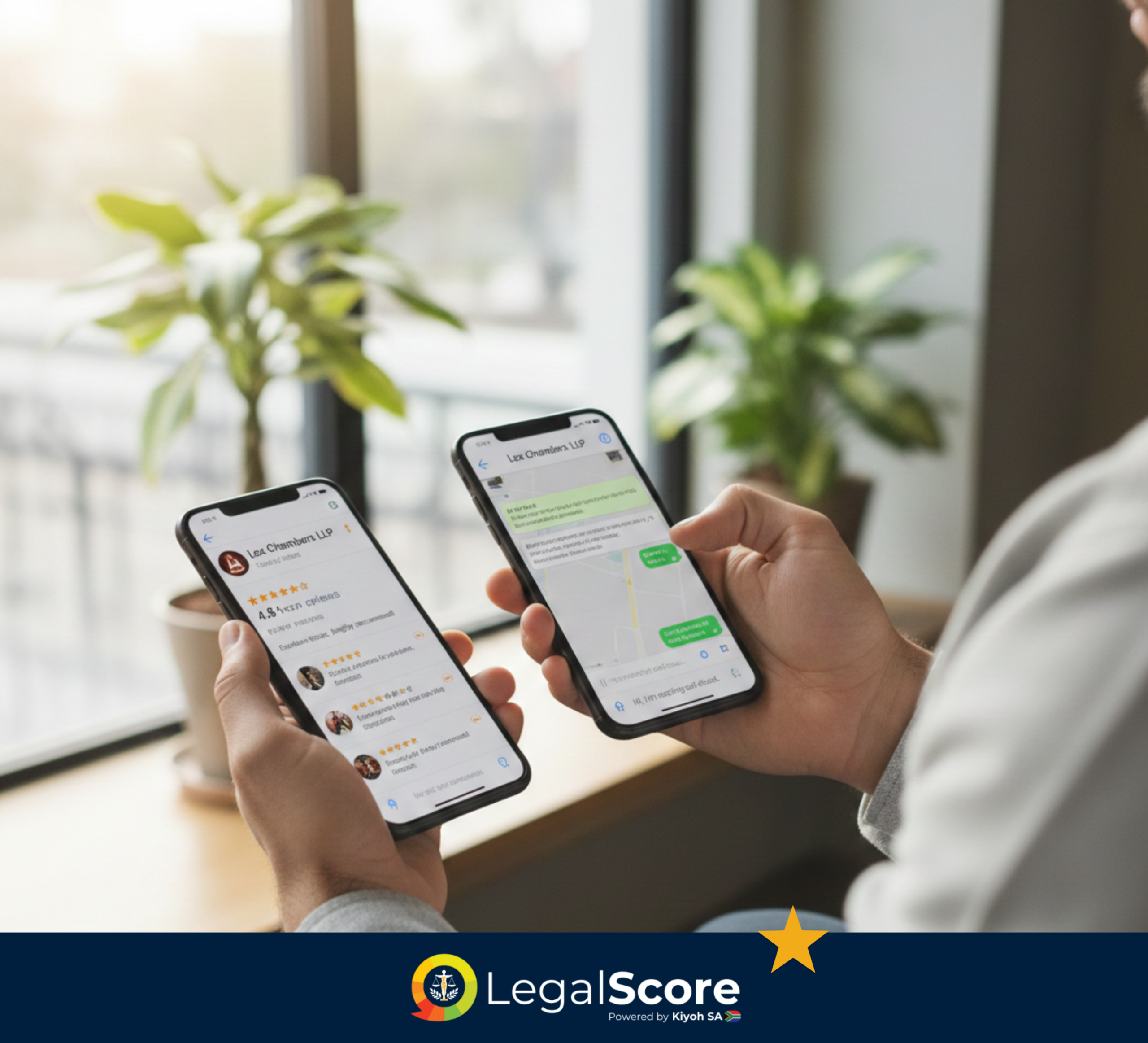 A person holding two smartphones side-by-side. The left screen shows a legal firm's profile with star ratings and reviews, while the right screen displays a messaging interface with a map location.